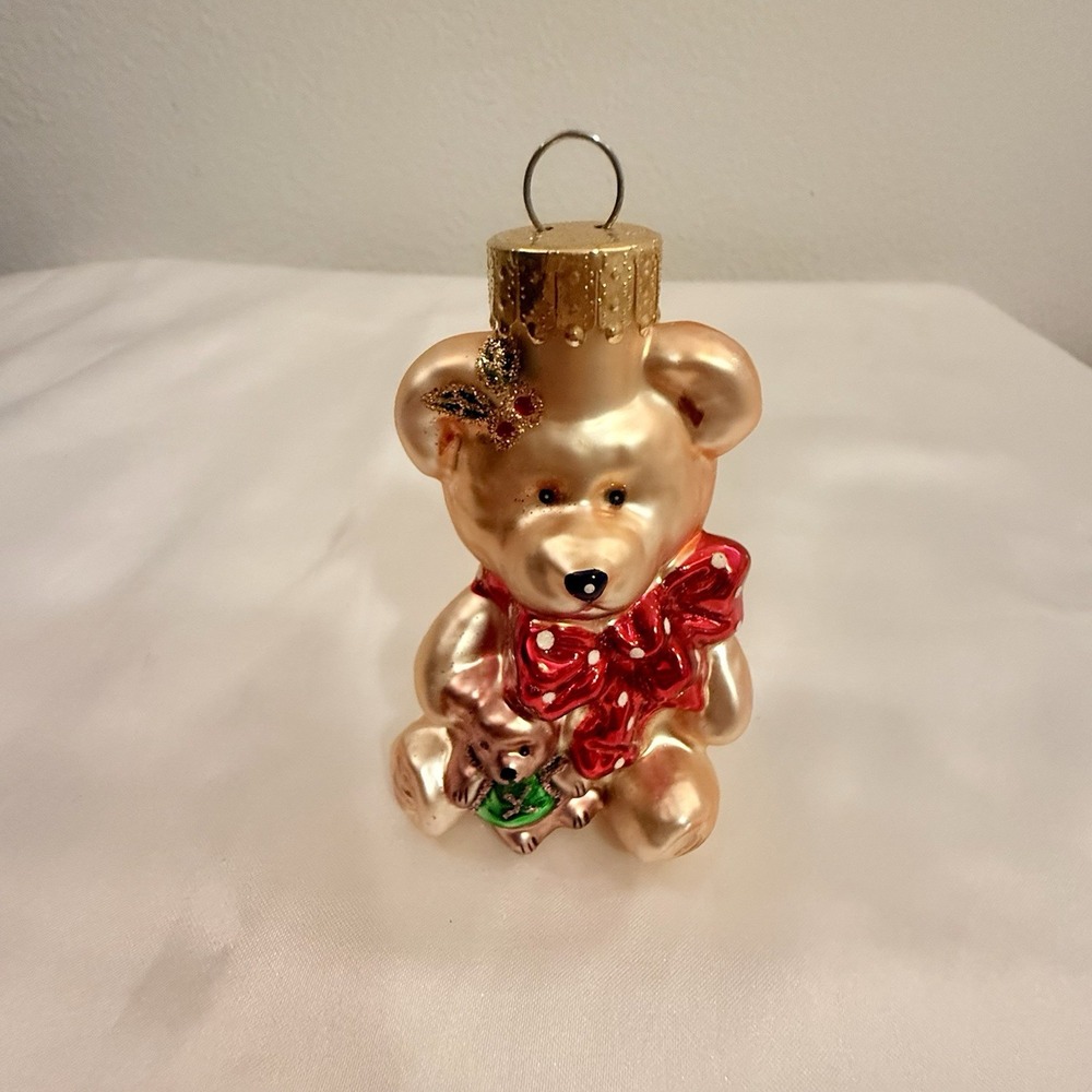 Inge Glass Hanging Ornament‎ Teddy Bear Rose Gold Mistletoe OWC Christmas